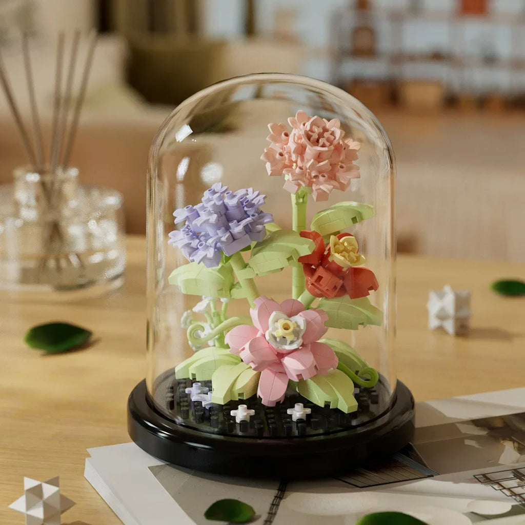Ramo de flores, bonsái, bloques de construcción, planta de plástico Artificial, cubierta antipolvo, Micro modelo, juguete de decoración del hogar para niños, regalo de cumpleaños