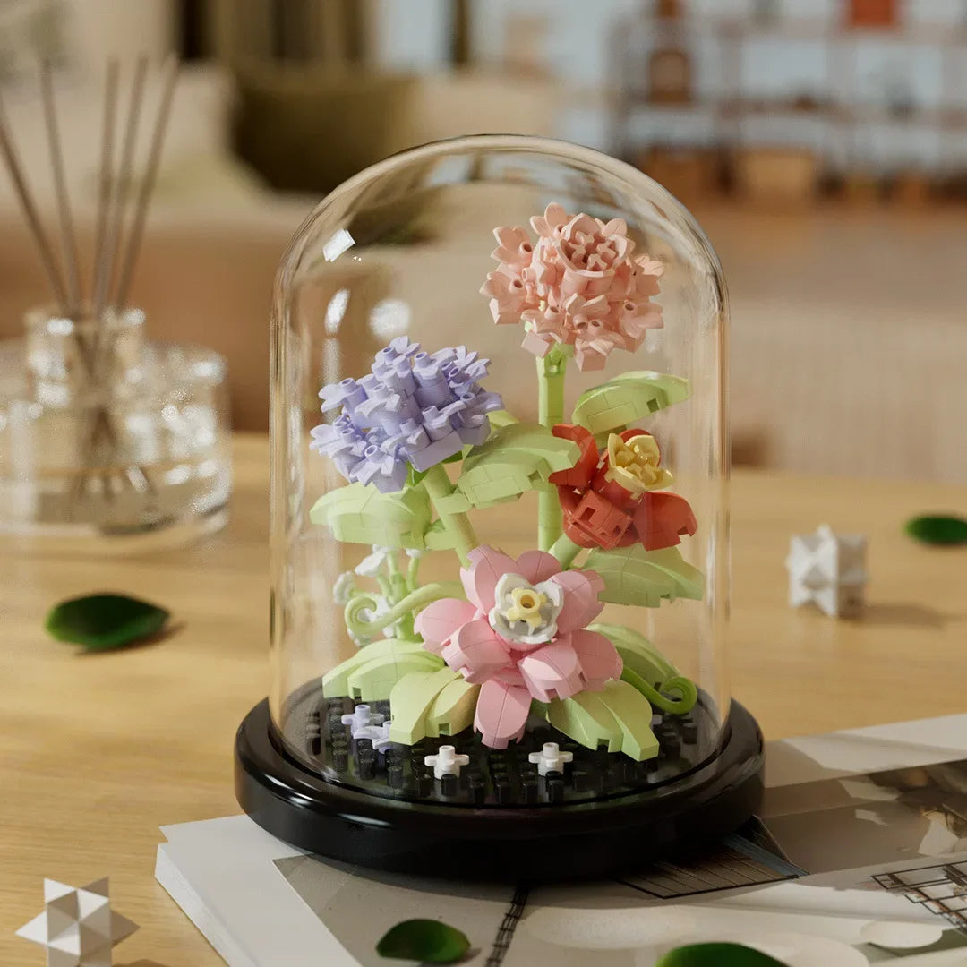 Ramo de flores, bonsái, bloques de construcción, planta de plástico Artificial, cubierta antipolvo, Micro modelo, juguete de decoración del hogar para niños, regalo de cumpleaños