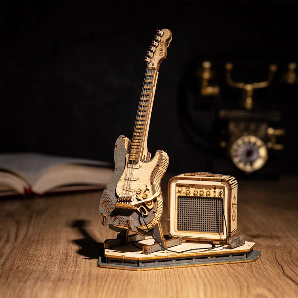 Robotime ROKR guitarra eléctrica rompecabezas de madera 3D para niños adultos montaje juguetes creativos juego de bloques de construcción para regalos de navidad