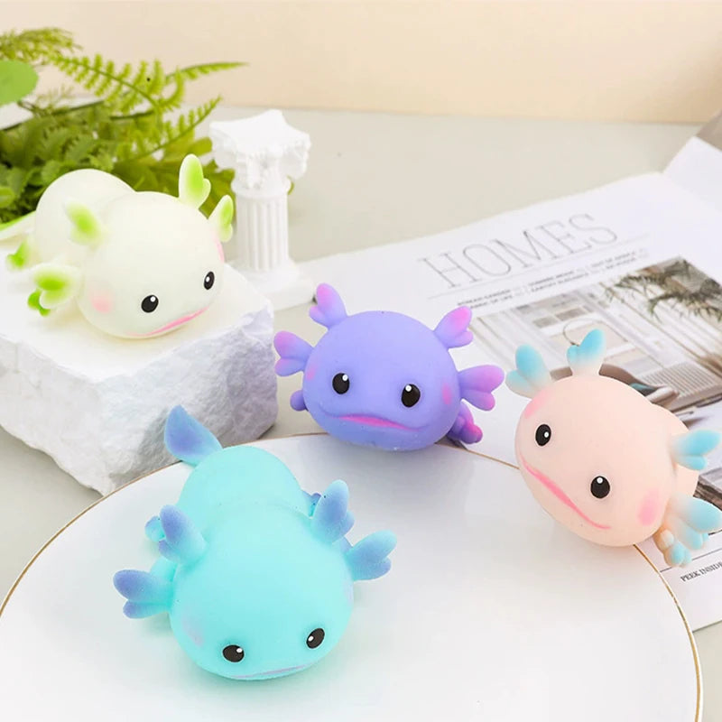 Lindos juguetes para apretar Axolotl, peces de dibujos animados, relajación, antiestrés, juguetes blandos, alivio del estrés, juguetes elásticos de rebote lento para niños adultos