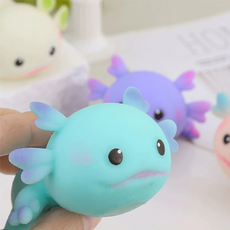 Lindos juguetes para apretar Axolotl, peces de dibujos animados, relajación, antiestrés, juguetes blandos, alivio del estrés, juguetes elásticos de rebote lento para niños adultos