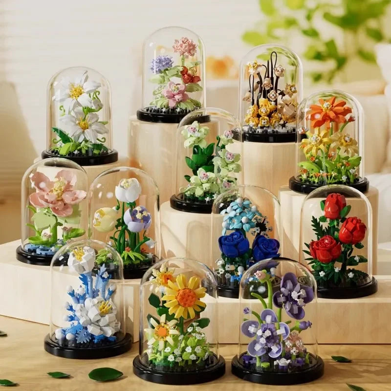 Ramo de flores, bonsái, bloques de construcción, planta de plástico Artificial, cubierta antipolvo, Micro modelo, juguete de decoración del hogar para niños, regalo de cumpleaños