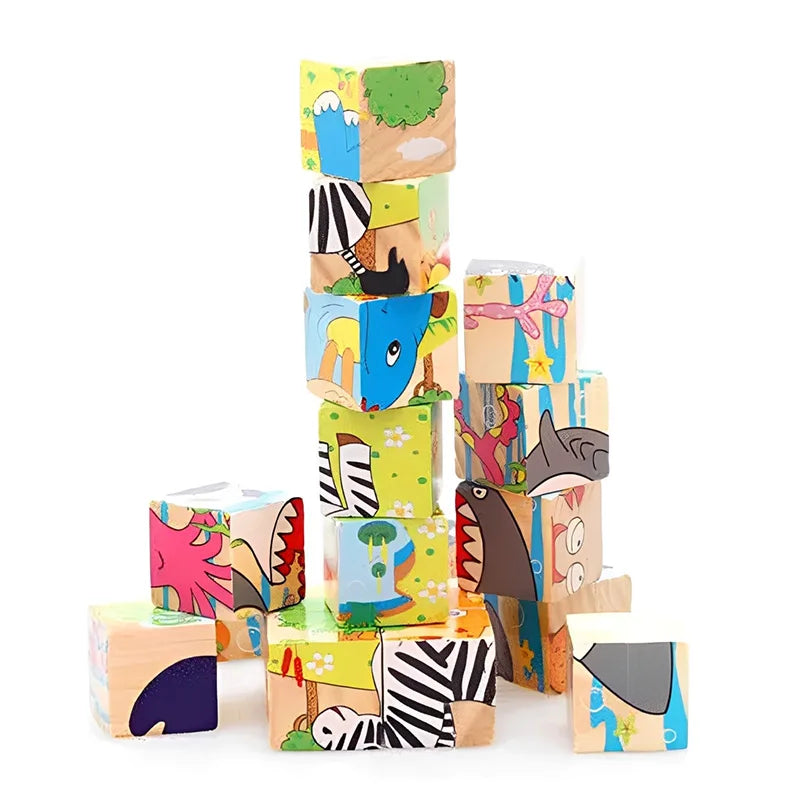 Rompecabezas de madera de seis lados pintados, rompecabezas tridimensional de animales de tráfico, bloques de construcción Montessori, juguetes de educación temprana TMZ