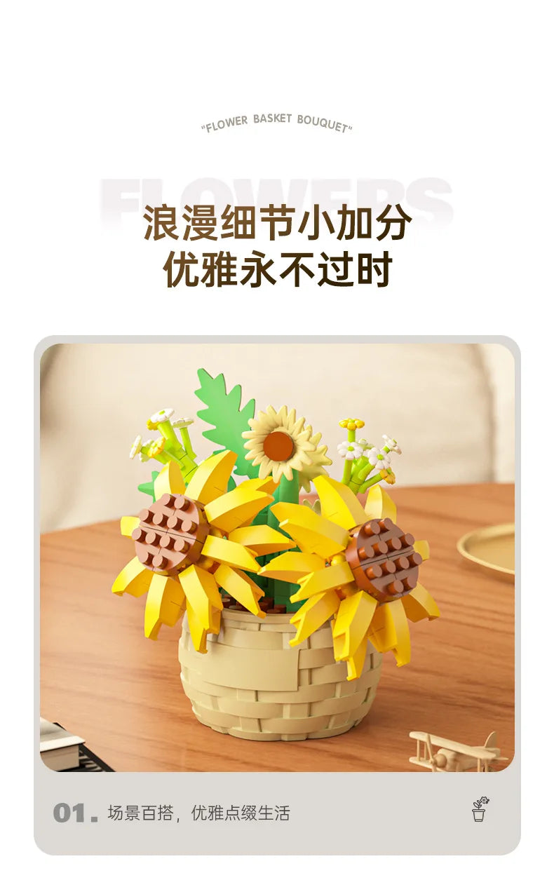 Ramo de flores para adultos, micropartículas de bloques de construcción, juguete para niños y niñas de 6 a 12 años, regalo de cumpleaños, Mini ladrillos de flores