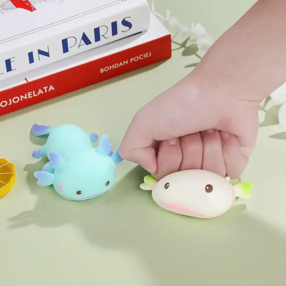 Lindos juguetes para apretar Axolotl, peces de dibujos animados, relajación, antiestrés, juguetes blandos, alivio del estrés, juguetes elásticos de rebote lento para niños adultos