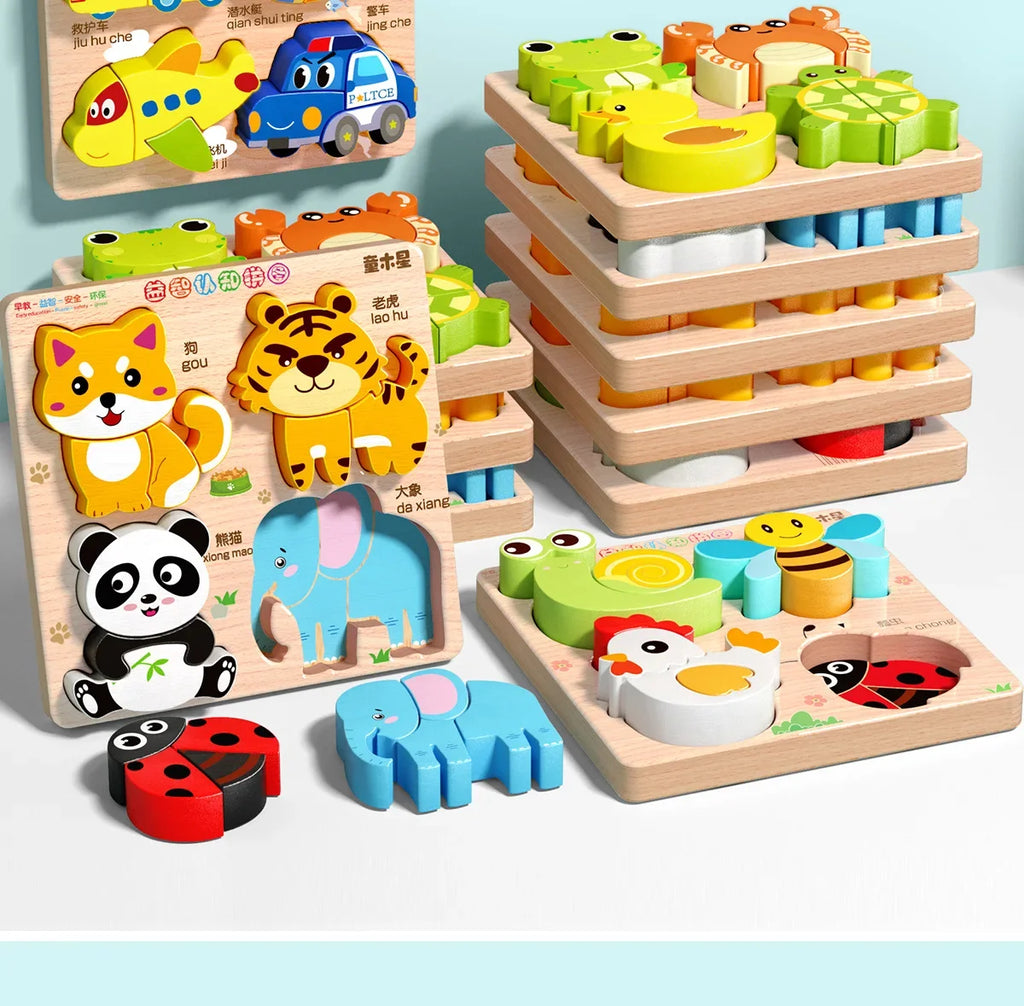 Rompecabezas de madera 3D de dibujos animados Montessori, rompecabezas de tráfico de animales, juguetes para niños, juego cognitivo educativo de Aprendizaje Temprano, regalos para niños
