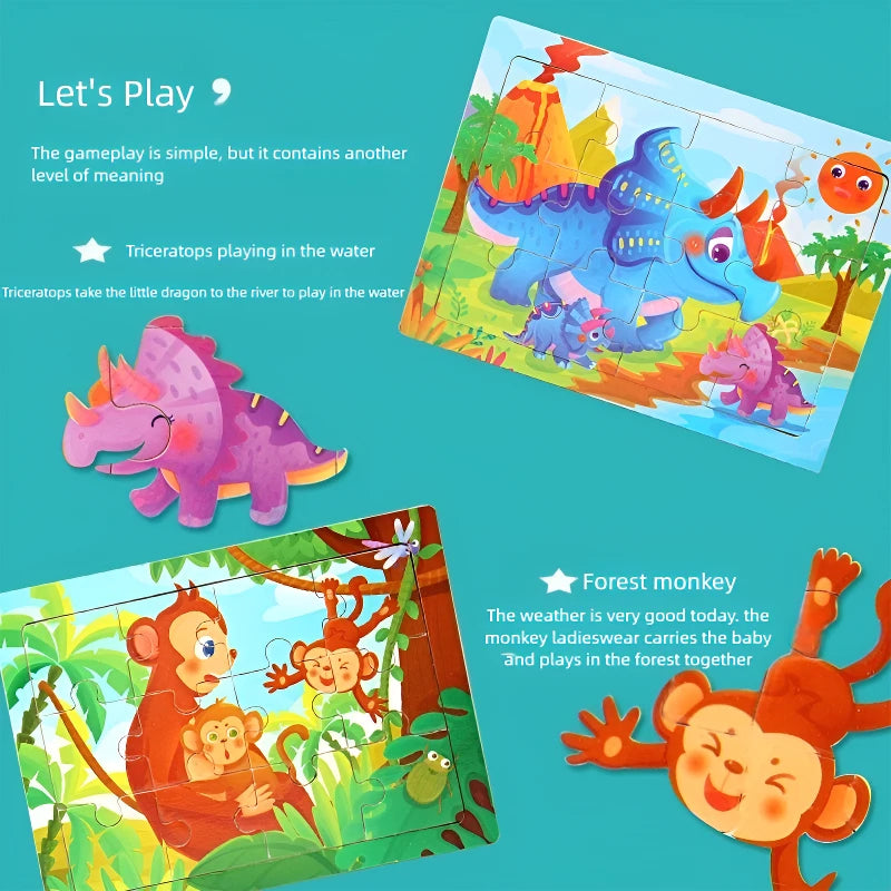 Rompecabezas 3D de madera Montessori de 15x11cm, juego de rompecabezas de inteligencia Animal de dibujos animados, juguetes educativos de Aprendizaje Temprano para niños