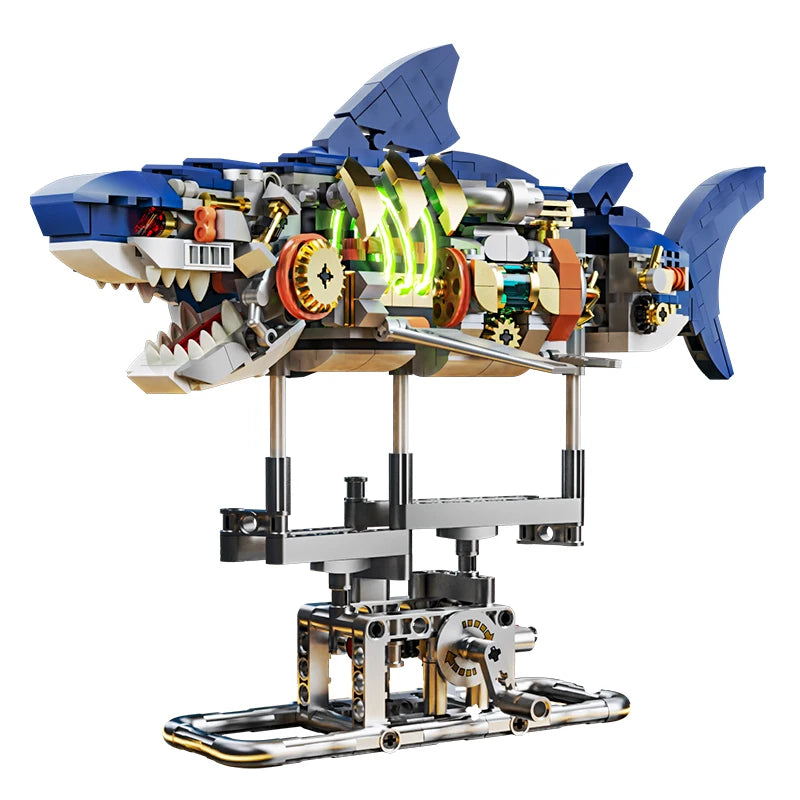 Bloques de construcción de animales mecánicos t-rex ballena loro diablo rayos tiburón modelo ladrillos con luz para chico juguetes para adultos regalos de escritorio