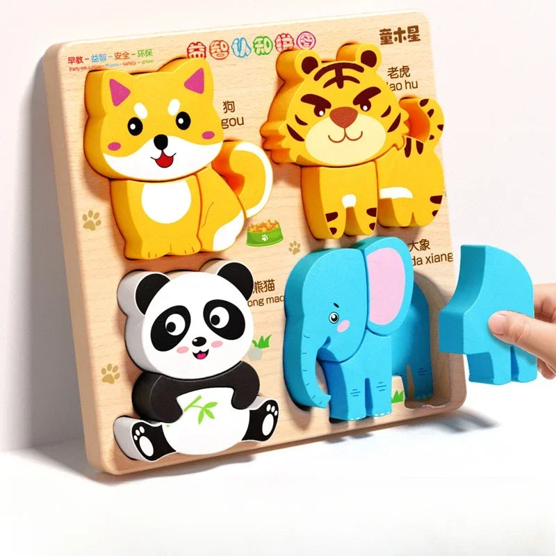 Rompecabezas de madera 3D de dibujos animados Montessori, rompecabezas de tráfico de animales, juguetes para niños, juego cognitivo educativo de Aprendizaje Temprano, regalos para niños