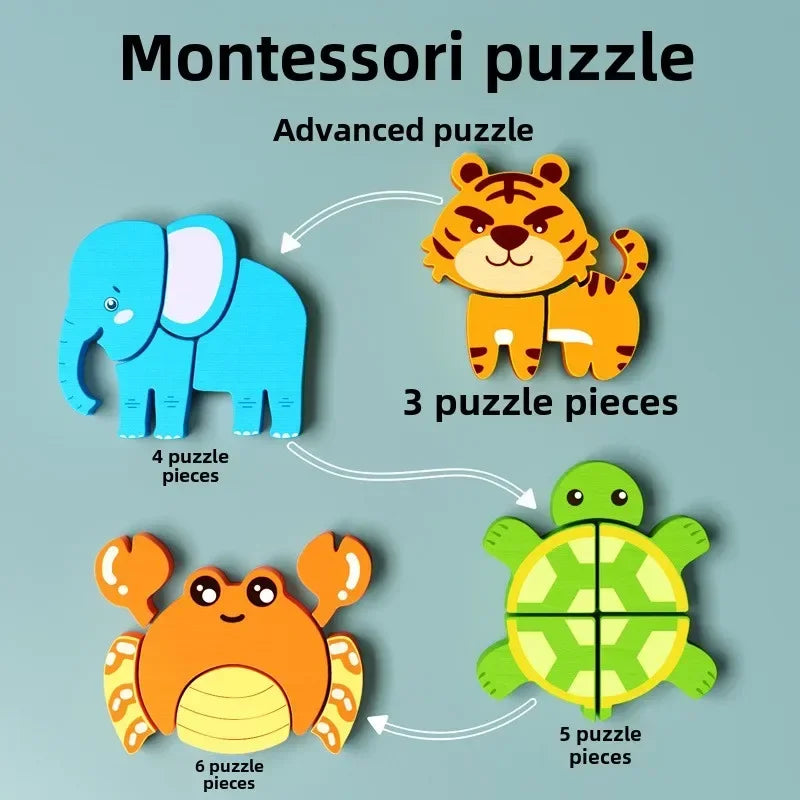 Rompecabezas de madera 3D de dibujos animados Montessori, rompecabezas de tráfico de animales, juguetes para niños, juego cognitivo educativo de Aprendizaje Temprano, regalos para niños