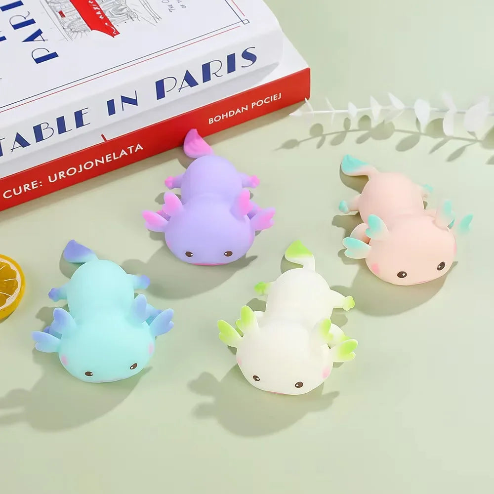 Lindos juguetes para apretar Axolotl, peces de dibujos animados, relajación, antiestrés, juguetes blandos, alivio del estrés, juguetes elásticos de rebote lento para niños adultos