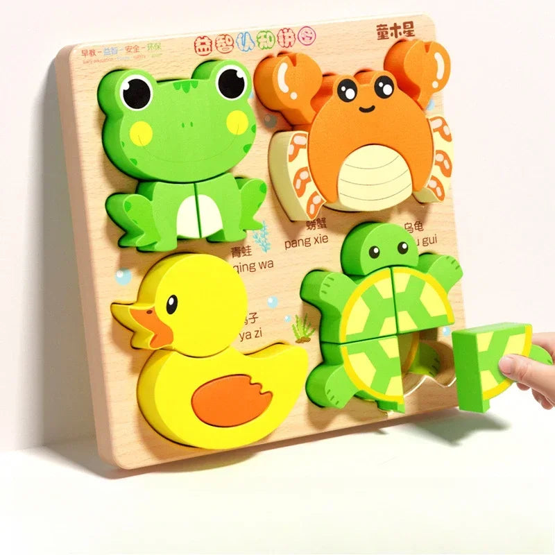 Rompecabezas de madera 3D de dibujos animados Montessori, rompecabezas de tráfico de animales, juguetes para niños, juego cognitivo educativo de Aprendizaje Temprano, regalos para niños