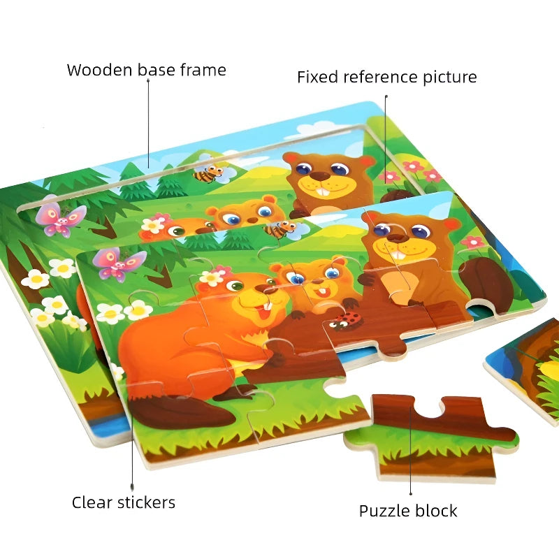 Rompecabezas 3D de madera Montessori de 15x11cm, juego de rompecabezas de inteligencia Animal de dibujos animados, juguetes educativos de Aprendizaje Temprano para niños