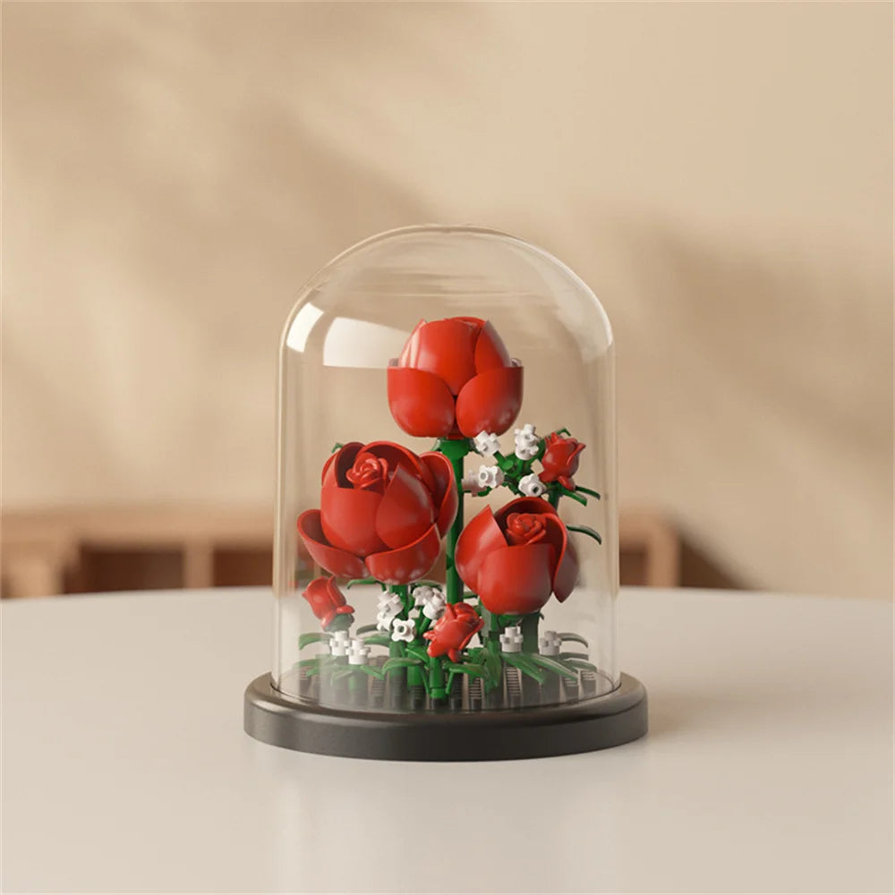 MOC-ramo eterno de rosas, bloques de construcción, conjunto 3D de construcción de flores, caja de exhibición de ramo eterno, juguete de ladrillo para decoración del hogar y la Oficina