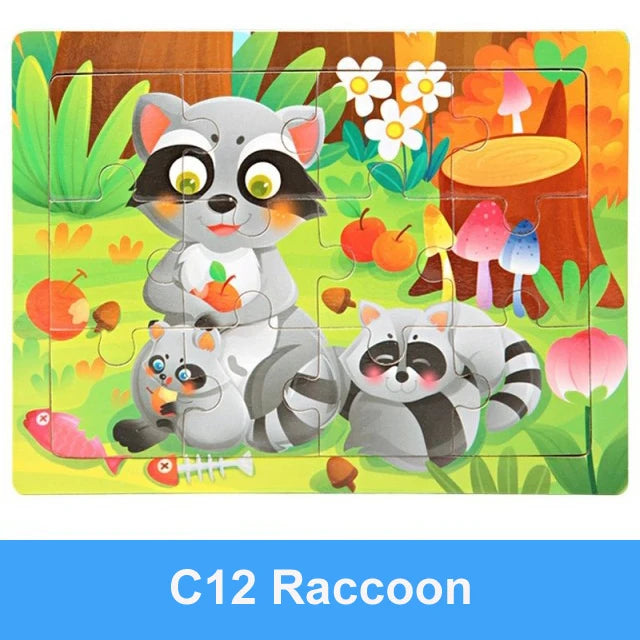 Rompecabezas 3D de madera Montessori de 15x11cm, juego de rompecabezas de inteligencia Animal de dibujos animados, juguetes educativos de Aprendizaje Temprano para niños