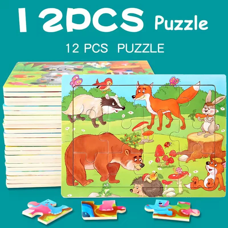 Rompecabezas 3D de madera Montessori de 15x11cm, juego de rompecabezas de inteligencia Animal de dibujos animados, juguetes educativos de Aprendizaje Temprano para niños
