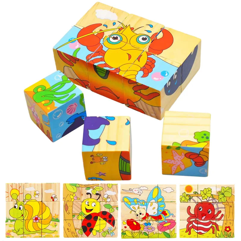Rompecabezas de madera de seis lados pintados, rompecabezas tridimensional de animales de tráfico, bloques de construcción Montessori, juguetes de educación temprana TMZ
