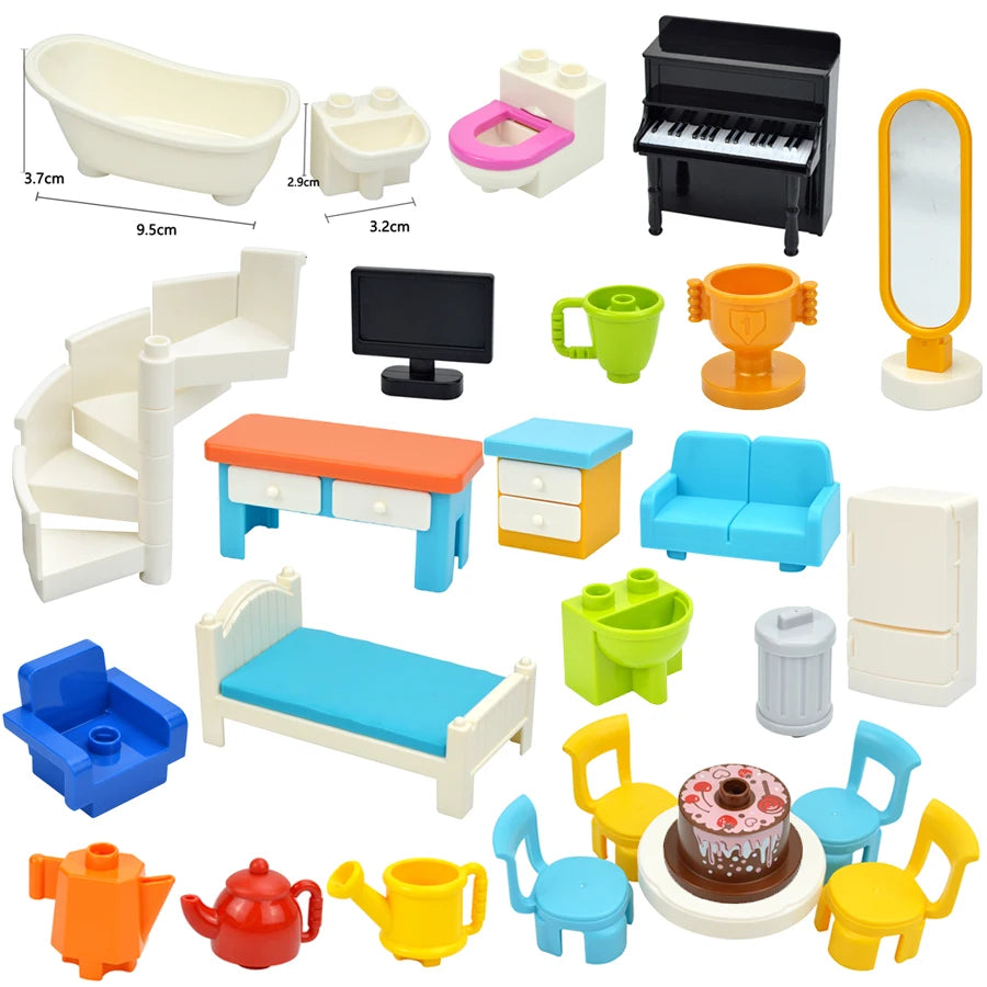 Duploes-figuras de partículas grandes, juguetes de ladrillo, bloques de construcción de gran tamaño, muebles de ciudad, escritorio, silla, cama, sofá, baño, cocina, casa