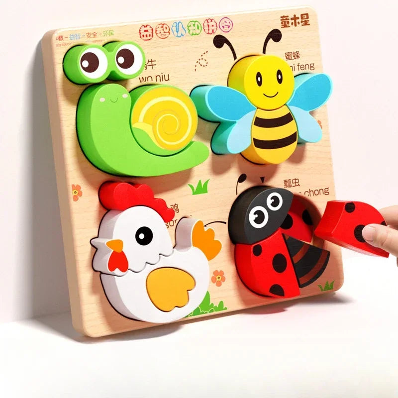 Rompecabezas de madera 3D de dibujos animados Montessori, rompecabezas de tráfico de animales, juguetes para niños, juego cognitivo educativo de Aprendizaje Temprano, regalos para niños